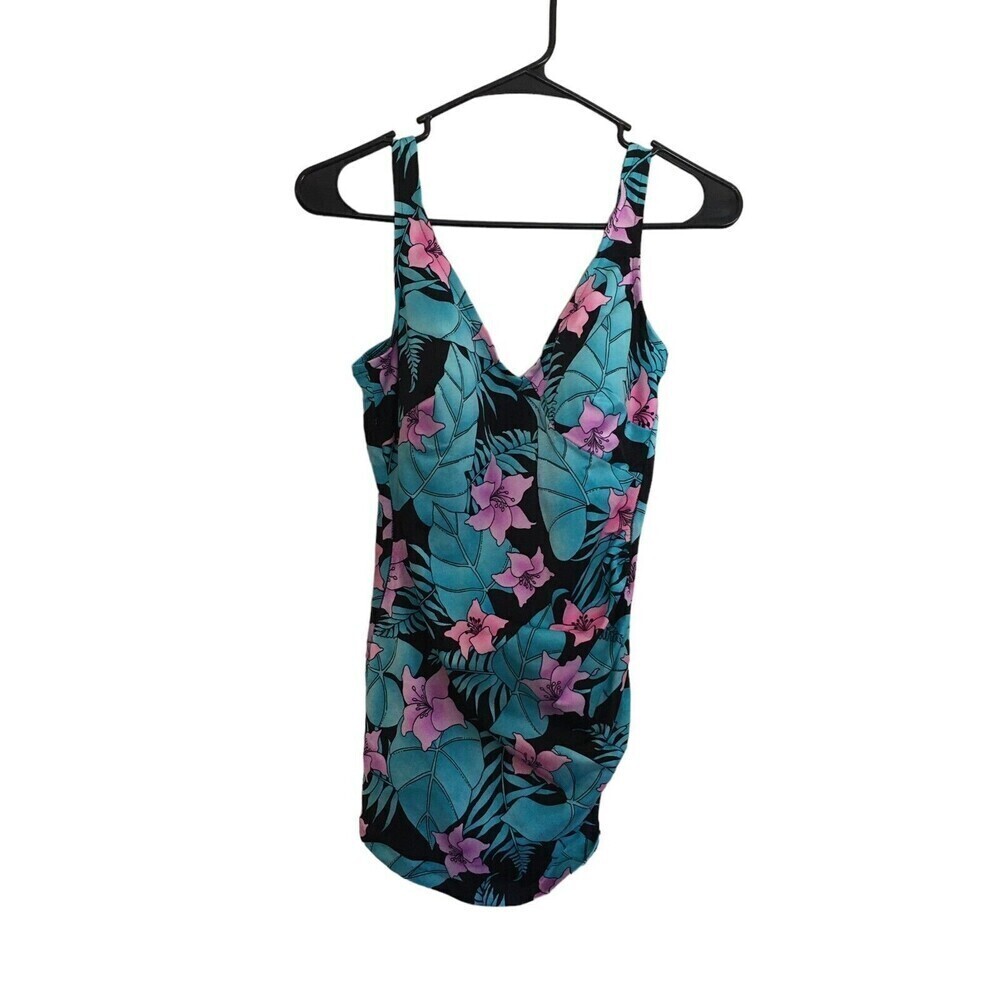 Ilgwu Swimsuit Women's Size 14 Blue Pink Floral One-Piece Union Made Vintage